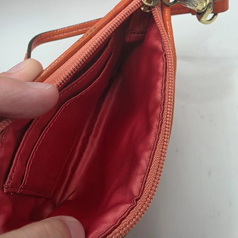 Coach Signature C Jacquard Wristlet Coral Pink Patent Leather Trim Gold Logo